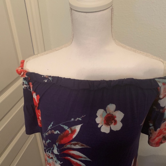 Off Shoulder Navy Floral Midi Dress - Picture 1 of 3